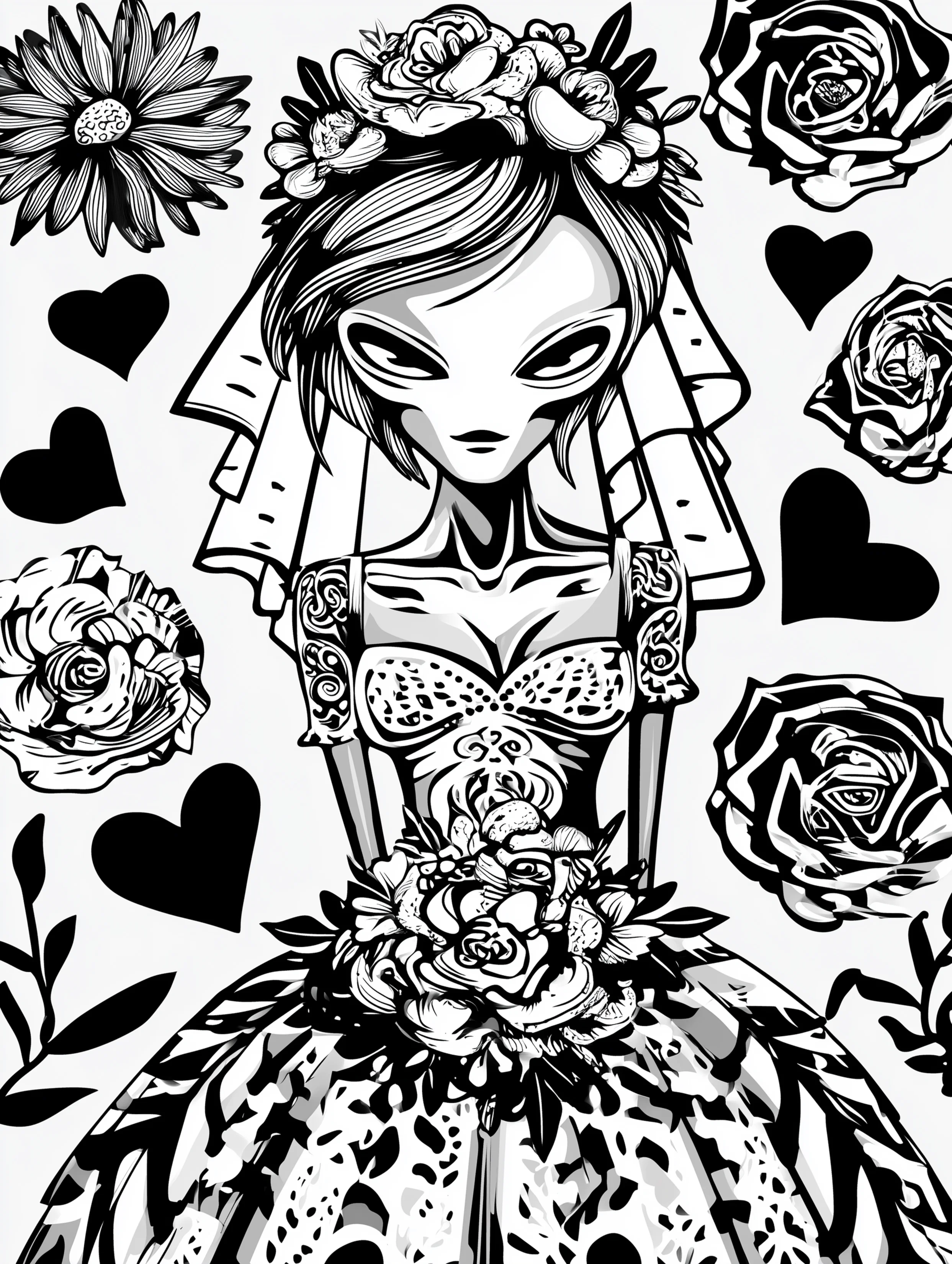 Free printable alien coloring page for adults featuring an alien in a wedding dress